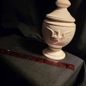 Vintage Cream Ceramic Lidded Urn With Embossed Eagle Design